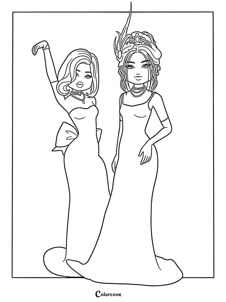 Line art of two models posing in elegant off-the-shoulder evening gowns on a runway stage.