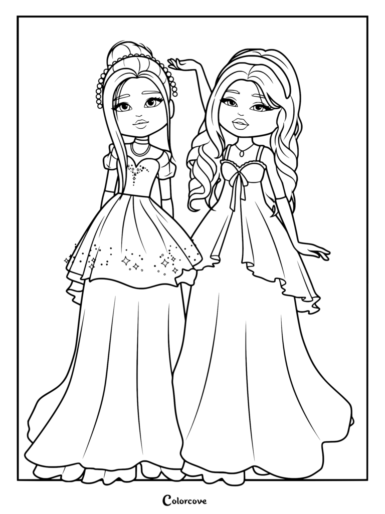 Coloring page of two characters in glamorous floor-length evening gowns with intricate necklines and elegant updo hairstyles.