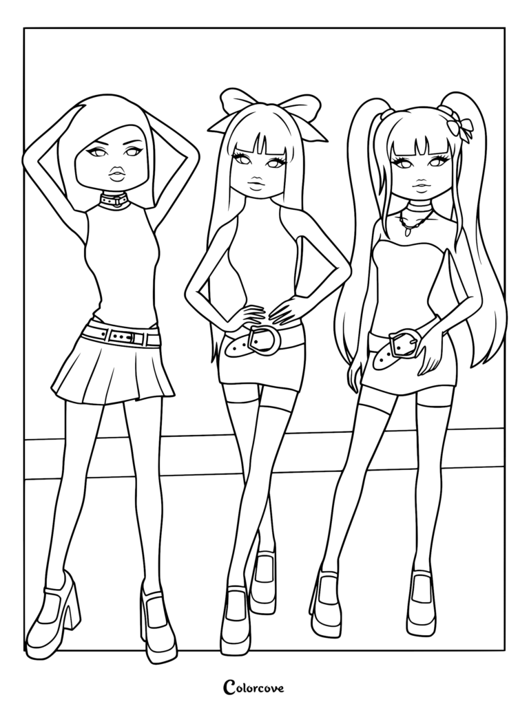 Line art of three fashion models posing on a DTI runway in crop tops, pleated skirts, and platform shoes.