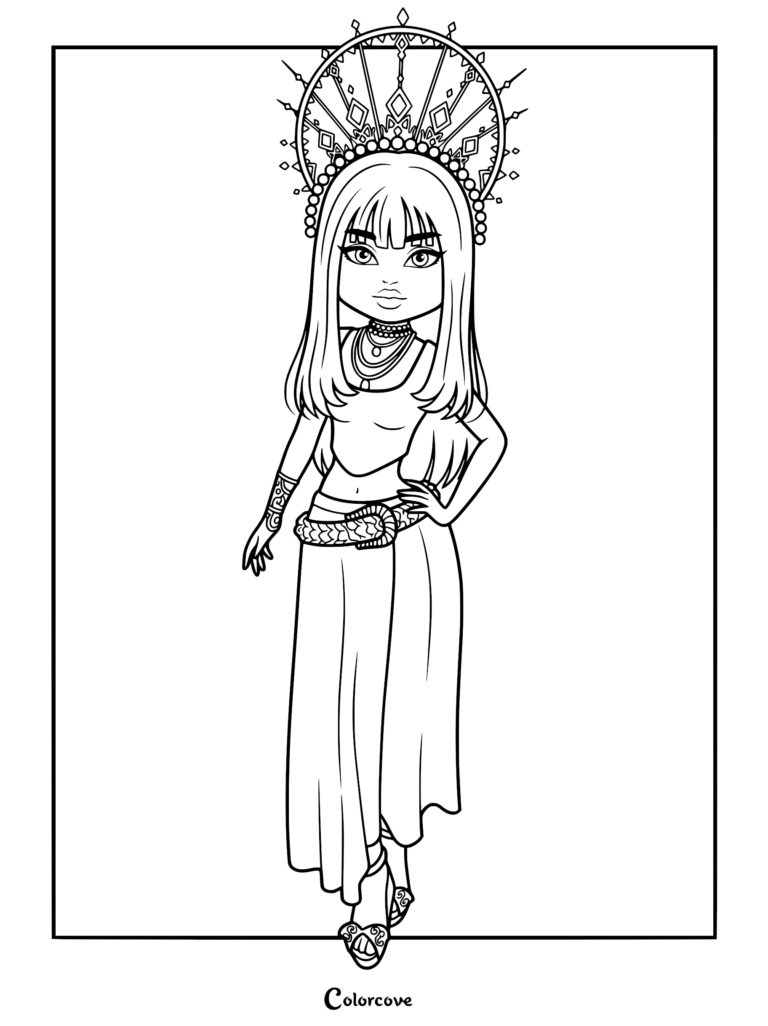 Coloring page showing a character in a flowing dress, wearing layered necklaces and a large ornate halo headpiece.