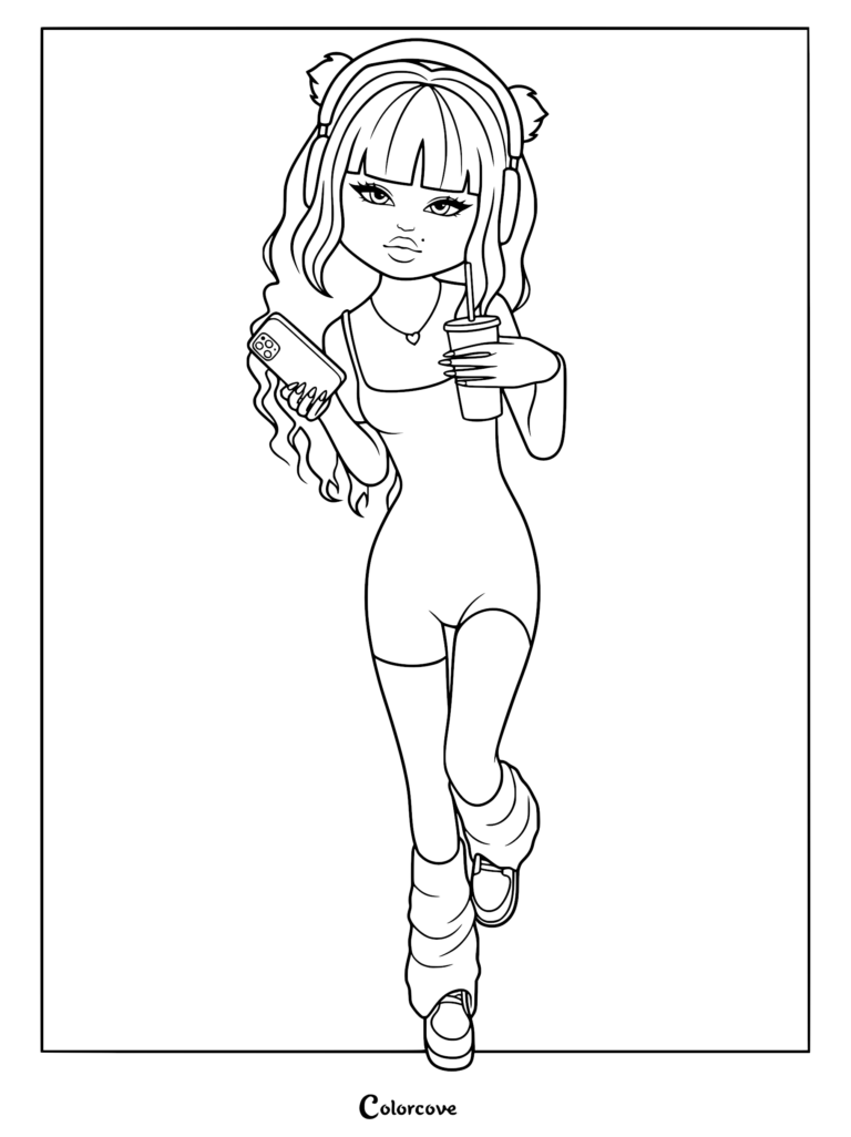 Coloring page showing a character with long wavy hair, headphones, leg warmers, holding a smartphone and a boba drink cup.