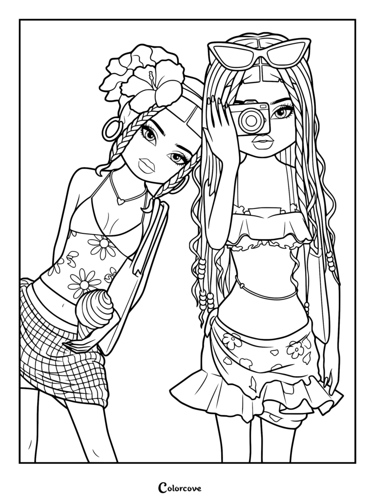 Line drawing of two vacationing friends: one holding a soft-serve ice cream cone, the other taking a photo with a vintage camera.
