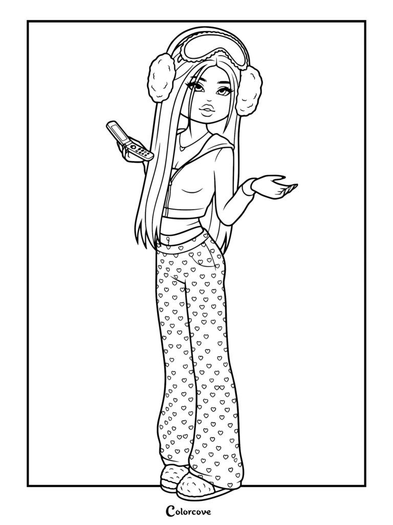 Coloring sheet of a character wearing cozy Y2K pajamas, warm earmuffs, and holding an old-school flip phone.