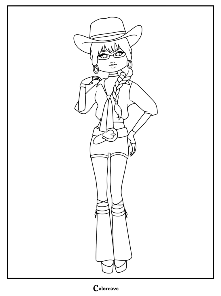 Line drawing of a character in a cowgirl outfit: cowboy hat, braided pigtails, tied front shirt, denim shorts, and boots.