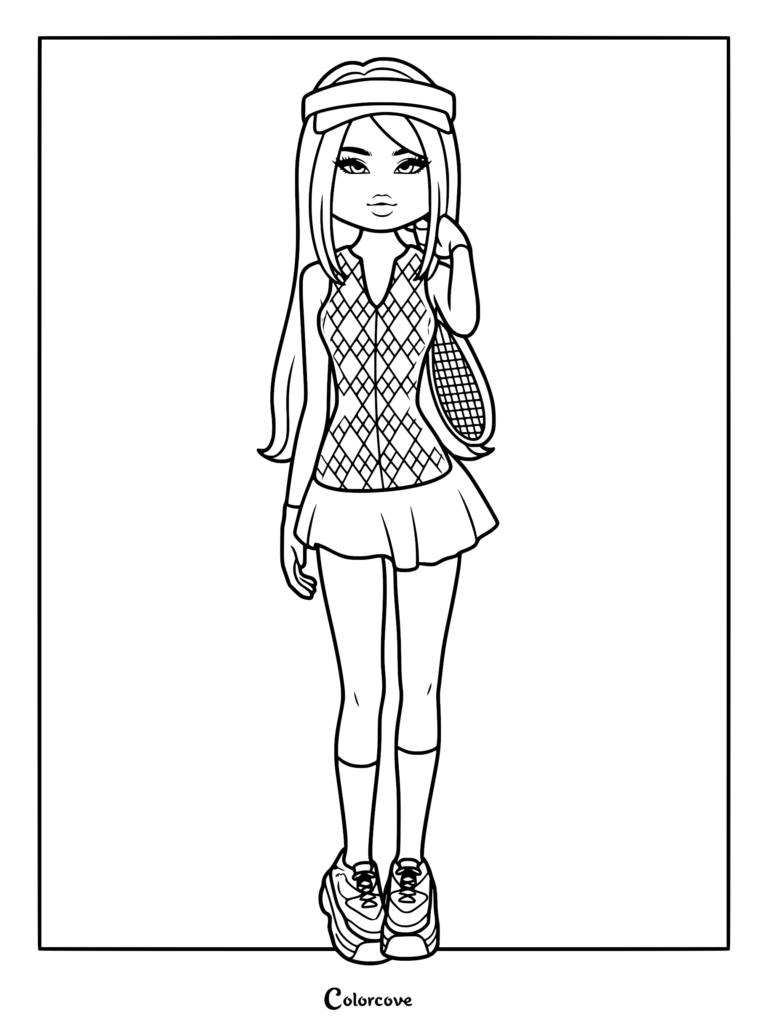 Line art of a character in a tennis outfit: pleated skirt, argyle sweater vest, tennis visor, and holding a racket.