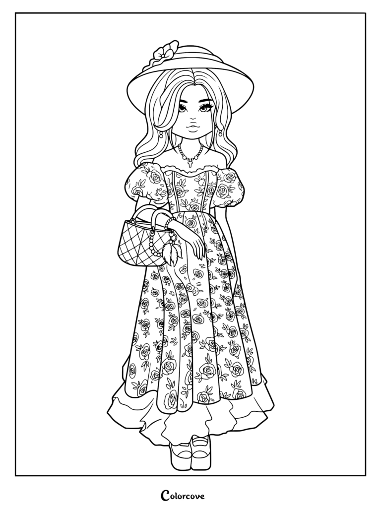 Coloring page of a character in a floral off-the-shoulder gown, wide-brimmed sun hat, and carrying a quilted handbag.