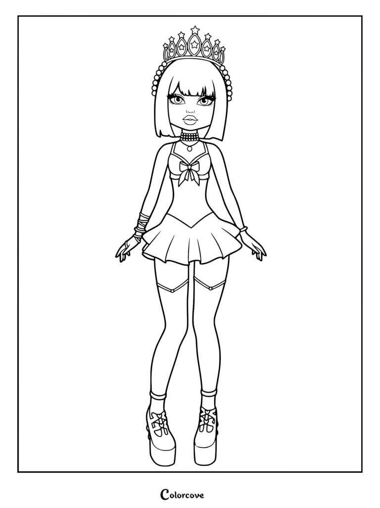 Line art of a character wearing an ornate star crown, a choker necklace, crop top, and platform shoes, posing against a brick wall.