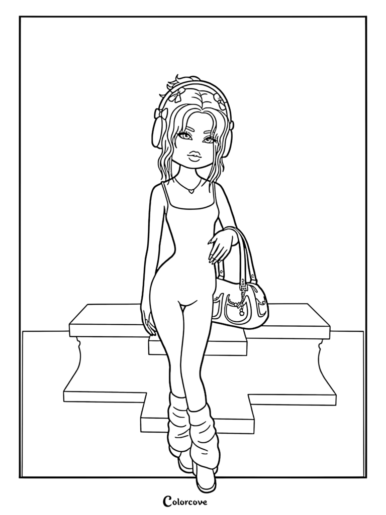 Coloring page showing a character with long hair wearing over-ear headphones, a crop top, jeans, and holding a handbag.