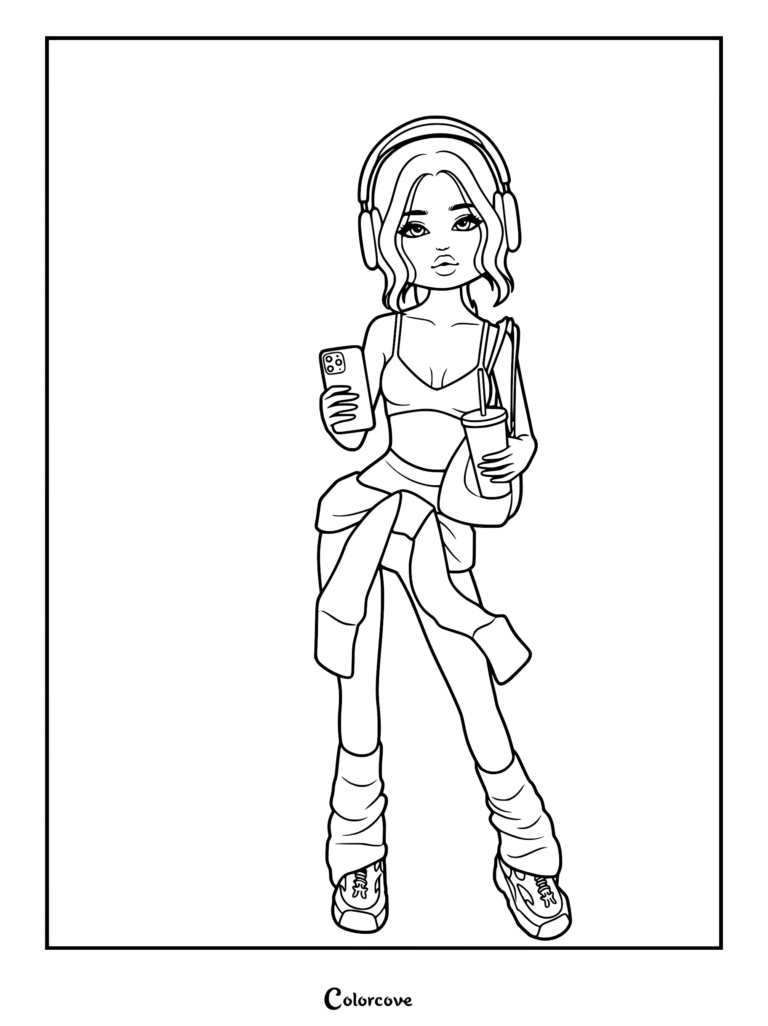 Coloring page showing a character with over-ear headphones, a crop top, leg warmers, holding a smartphone and a cup with a straw.