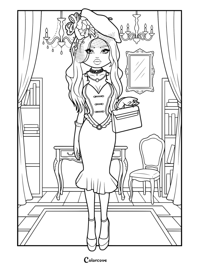 Line drawing of a model in a corset mini dress and a beret with a veil, posing inside a luxury backstage dressing room.