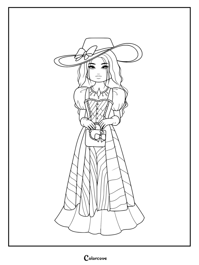 Line drawing of a character wearing a Victorian-style gown with layered skirts, puff sleeves, a wide hat, and a handbag.