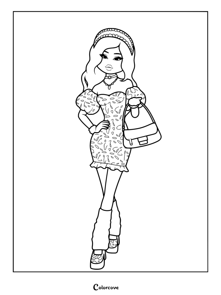 Line art of a model in a patterned puff-sleeve dress and platform heels, wearing a headband and carrying a handbag.