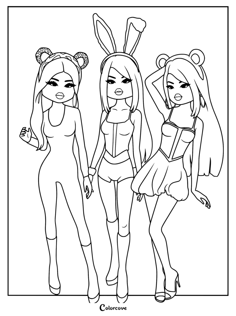 Coloring page featuring three characters in trendy outfits wearing animal ear headbands (cat and bunny ears) and posing together.