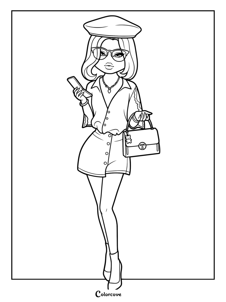 Coloring page showing a character with a beret, glasses, and button-up skirt holding a smartphone and handbag.
