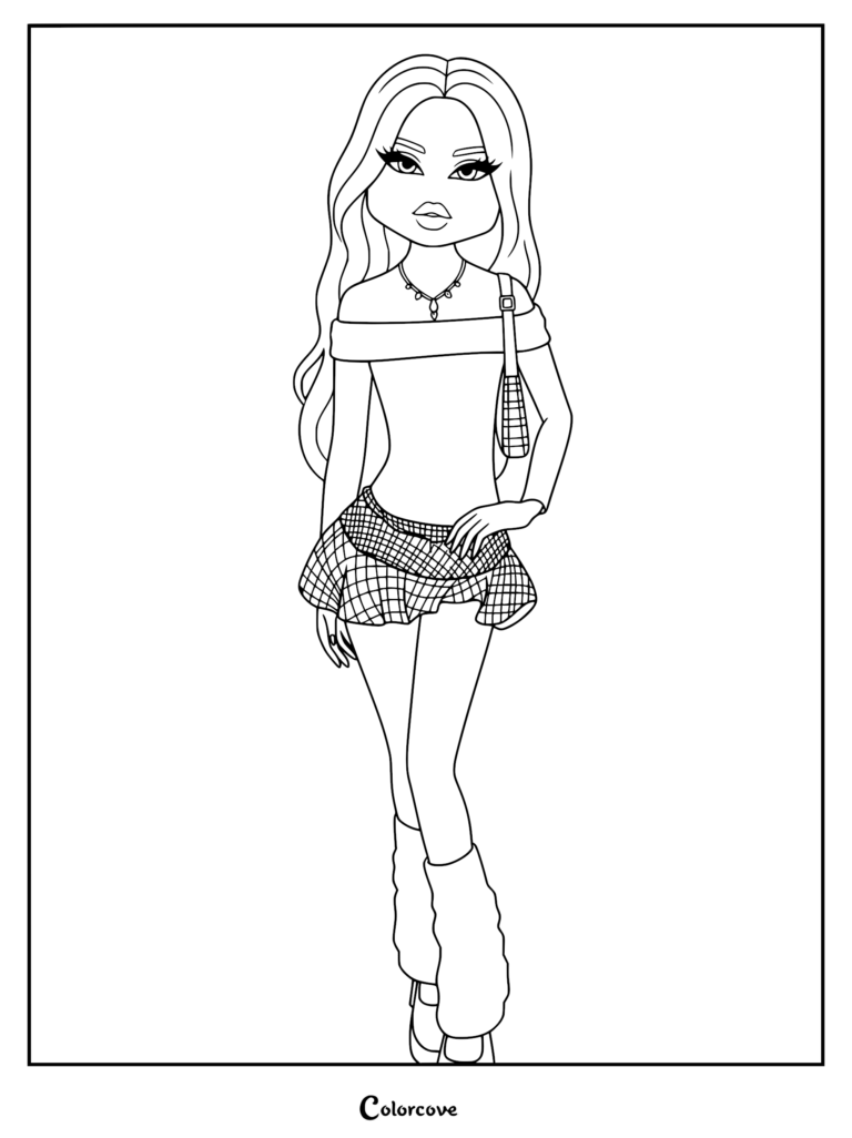 Line drawing of a character with long hair, wearing an off-the-shoulder top, plaid mini skirt, and leg warmers.