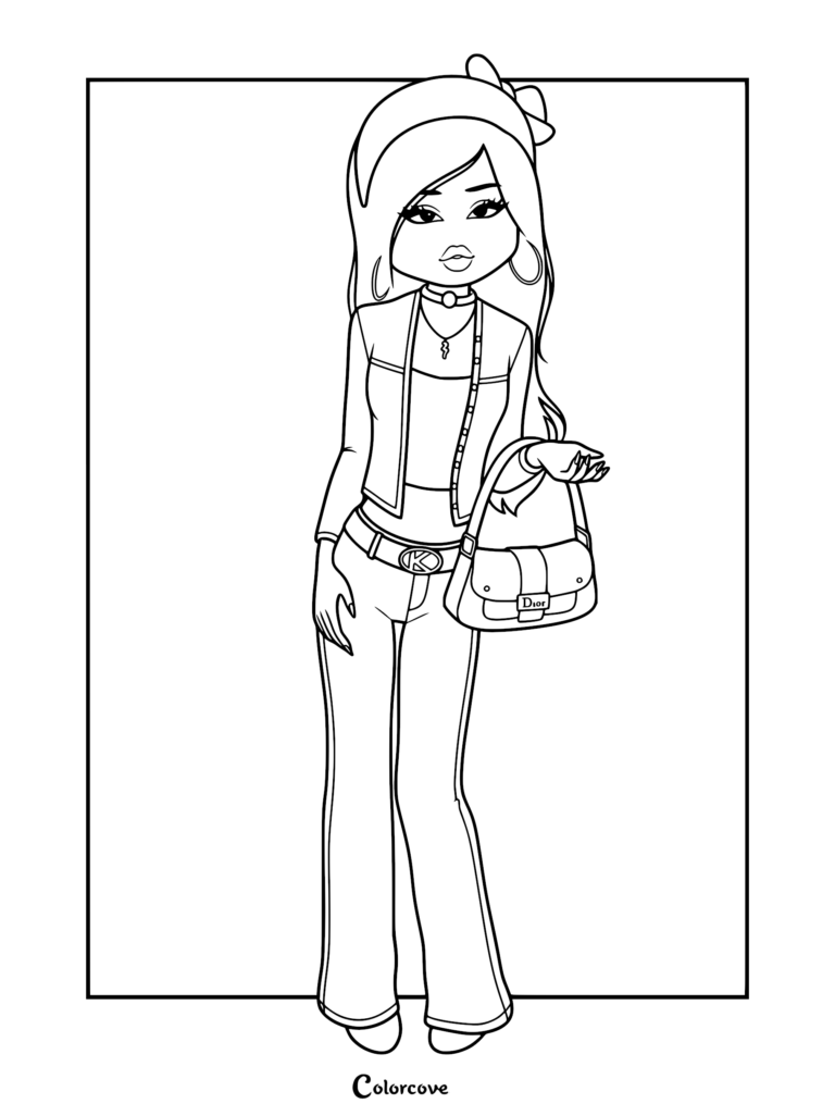 Coloring page of a model in a cropped denim jacket, high-waisted jeans, and a headband, holding a designer handbag.