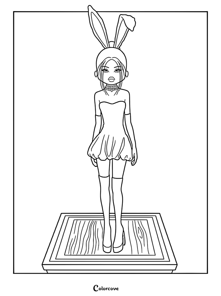 Line drawing of a model wearing bunny ears and a voluminous bubble dress, posing on a runway stage.