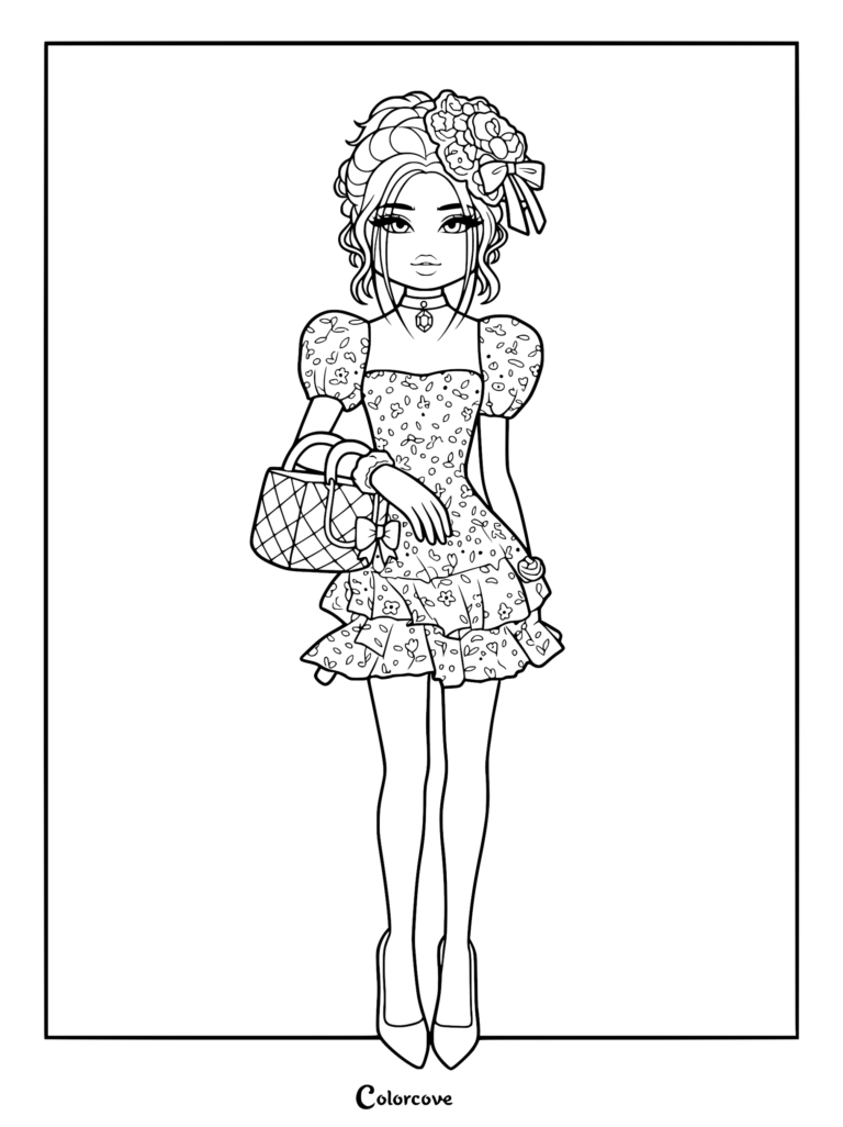 Coloring page design of a character in a floral print puff-sleeve dress with a flower accessory in her hair, holding a quilted handbag.