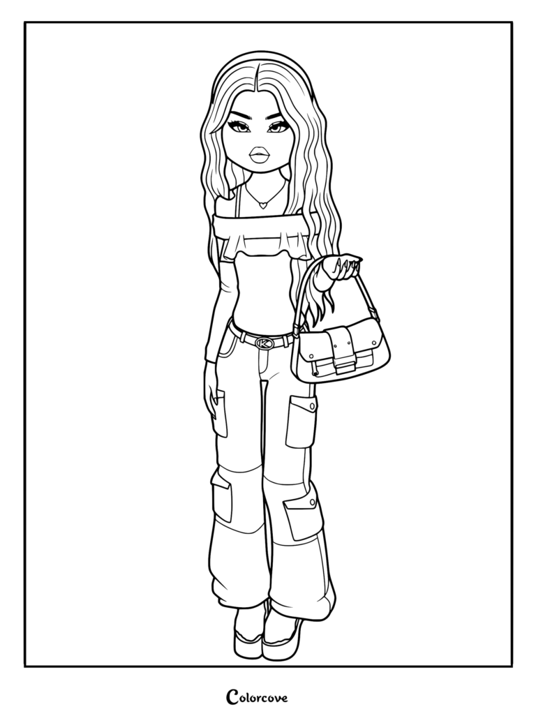 Trendy streetwear cargo pants and off-the-shoulder top.