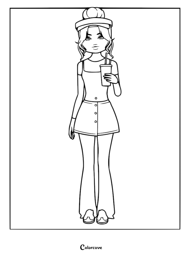Coloring page showing a character with a wide-brimmed hat, button-front skirt, and platform boots holding an iced coffee cup.