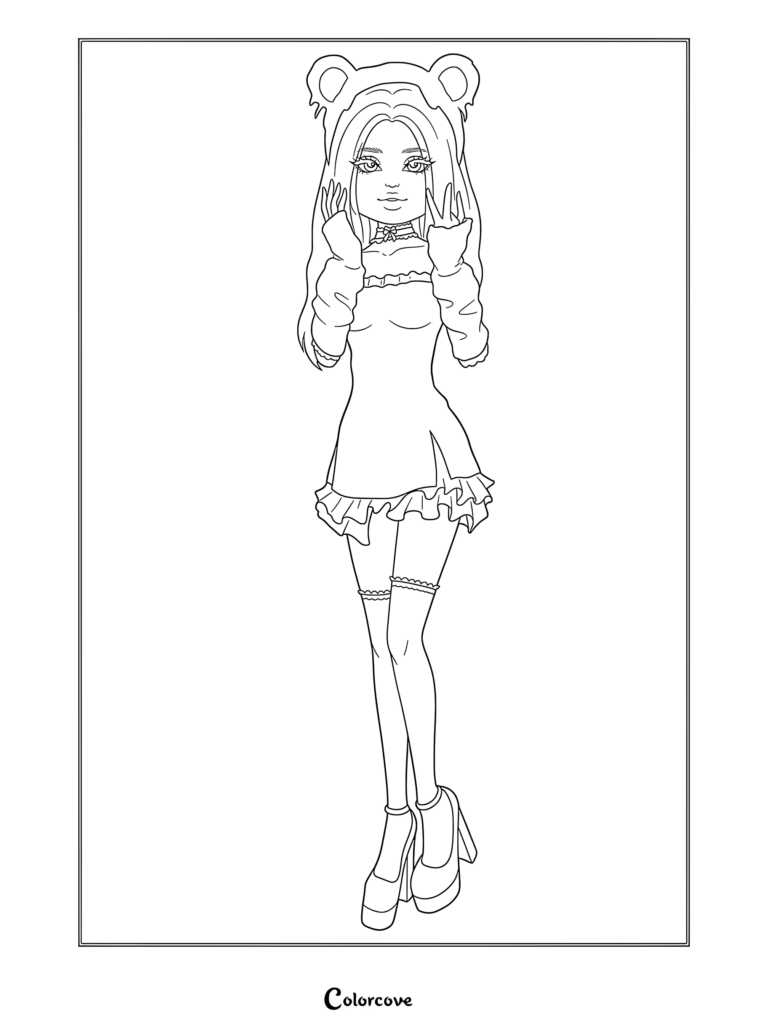 Haley from Dress To Impress wearing bear ears and a ruffled dress in this printable coloring page.