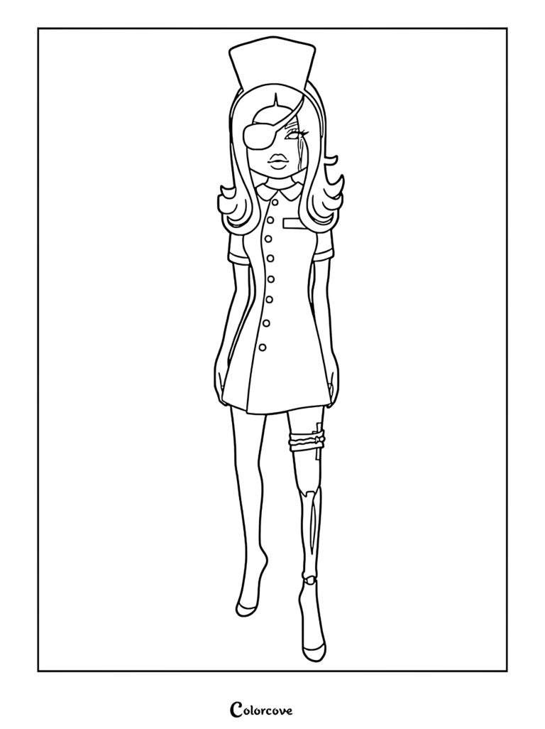 Julie from Dress To Impress wearing a nurse outfit with an eyepatch and prosthetic leg in this printable coloring page.