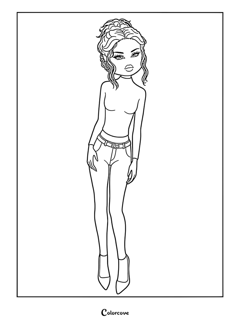 Lana from Dress To Impress wearing a turtleneck and jeans in this printable coloring page.