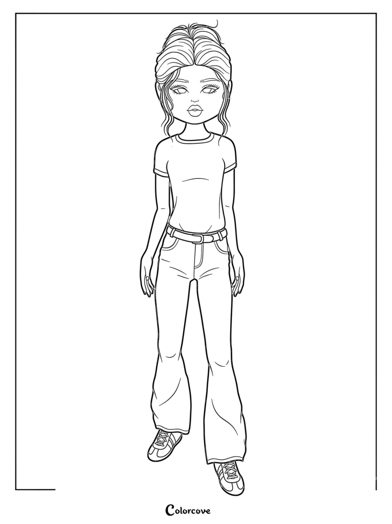 Lana from Dress To Impress wearing a t-shirt and flared jeans in a printable coloring page format.