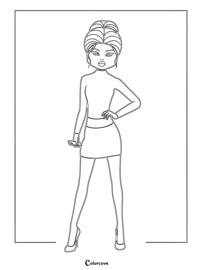 Lana from Dress To Impress wearing a high-neck top and mini skirt in a printable coloring page format.