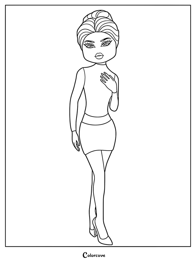 Lana from Dress To Impress wearing a high-neck top and skirt in a printable coloring page format.