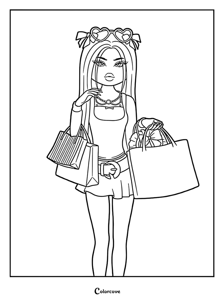 Coloring page showing a character in heart-shaped sunglasses and a pleated mini skirt, carrying multiple designer shopping bags.