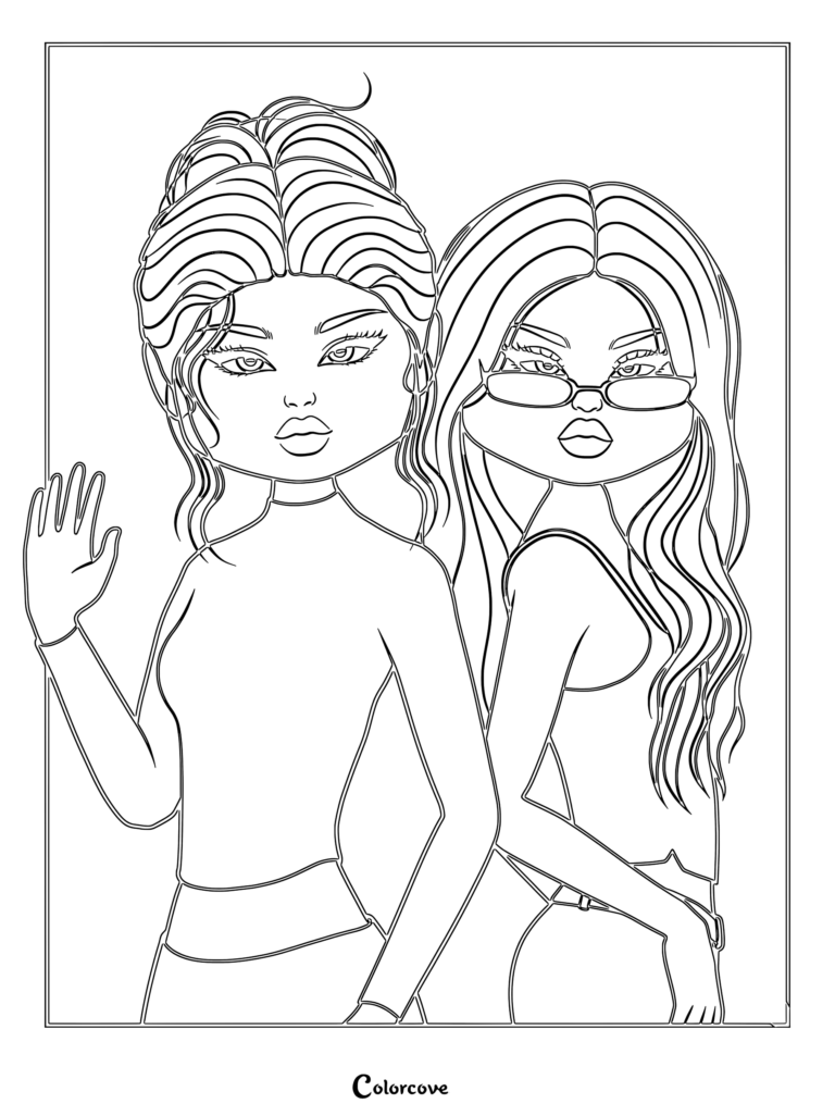 Lana and Lina from Dress To Impress posing together in a line art coloring page, with Lana waving and Lina wearing glasses.
