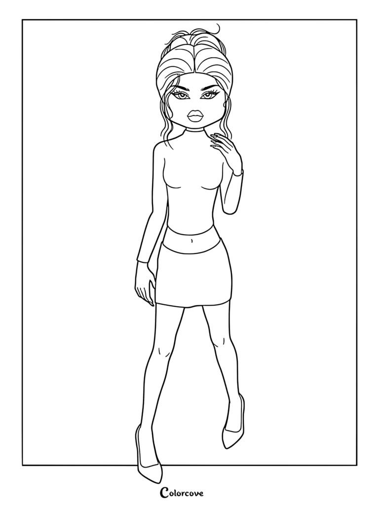 Lana from the Roblox game Dress To Impress wearing a high-neck top and mini skirt in this printable coloring page.
