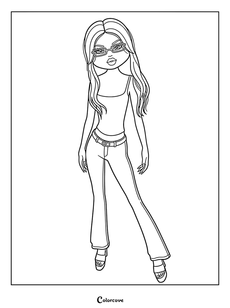Lina from Dress To Impress wearing glasses, a tank top, and flared jeans in a printable coloring page.
