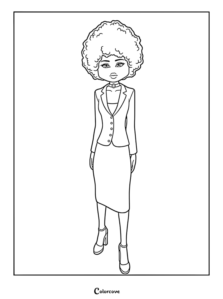 A printable coloring page featuring Serena from Dress To Impress wearing a professional blazer, skirt, and choker with a large afro hairstyle.