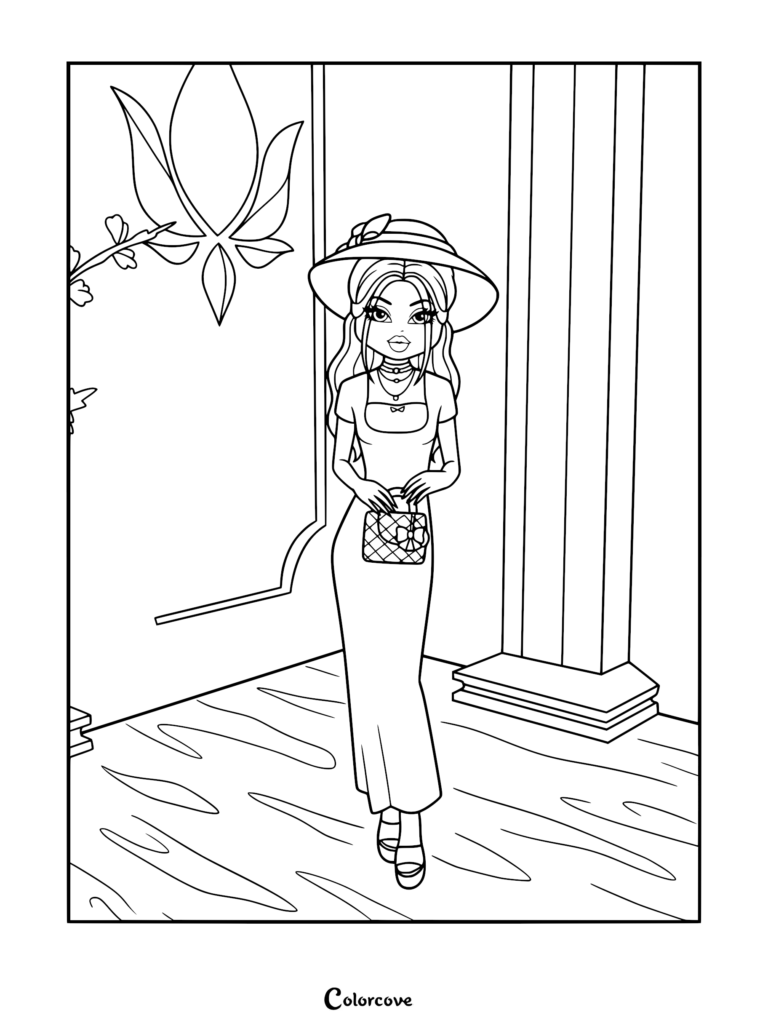 Coloring sheet showing a runway model in a long summer dress, wide-brimmed sun hat, and carrying a quilted purse.