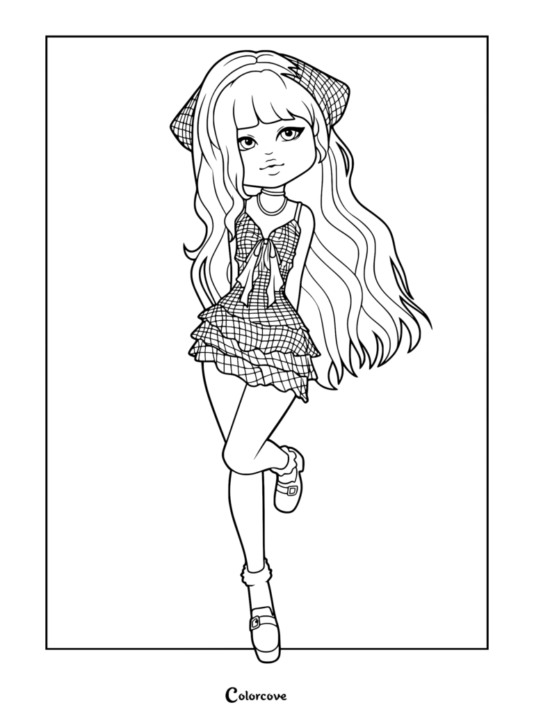 Line art of a model in a preppy plaid ruffled dress and a classic beret, posing with hands on her hips.