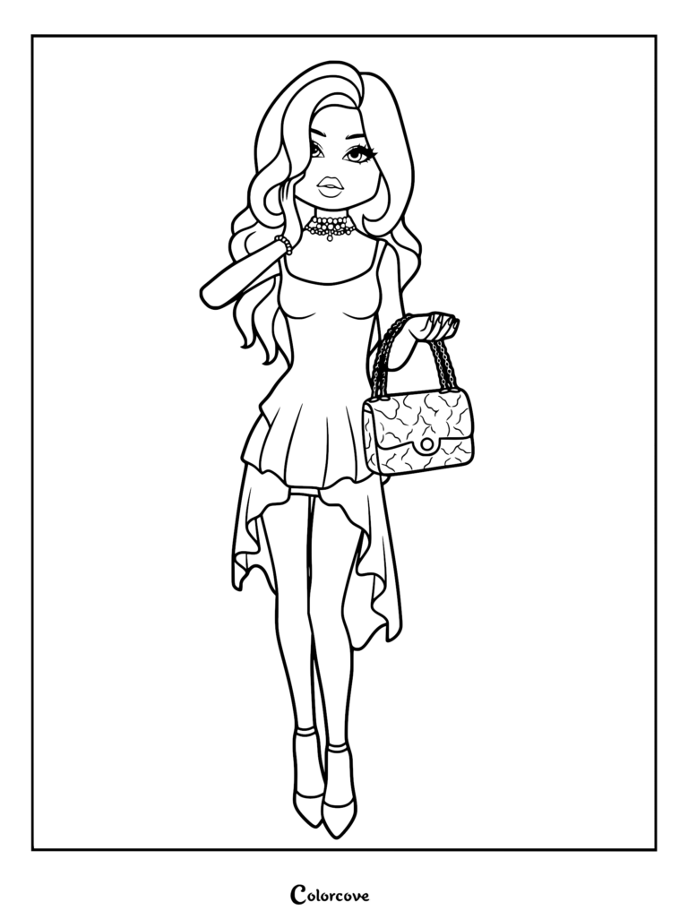 Line drawing of a model with wavy hair wearing a high-low ruffled dress, choker, and holding a textured handbag.