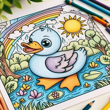 Coloring page of a cute duck in a vibrant, natural setting with a rainbow, sun, and flowers, alongside colored pencils.