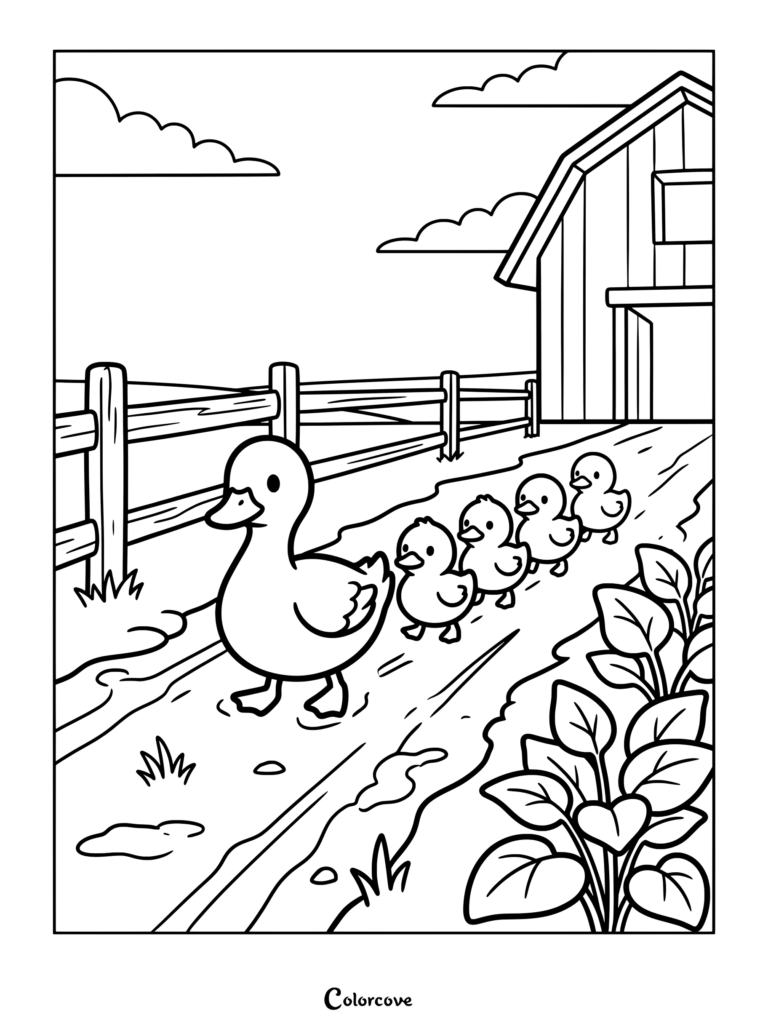 A mother duck leading her four ducklings in a line along a path near a farm barn coloring page