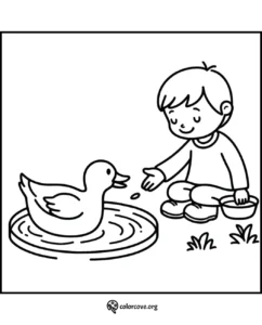 Coloring page of a child feeding a duck by the pond. Fun and educational printable activity for kids.