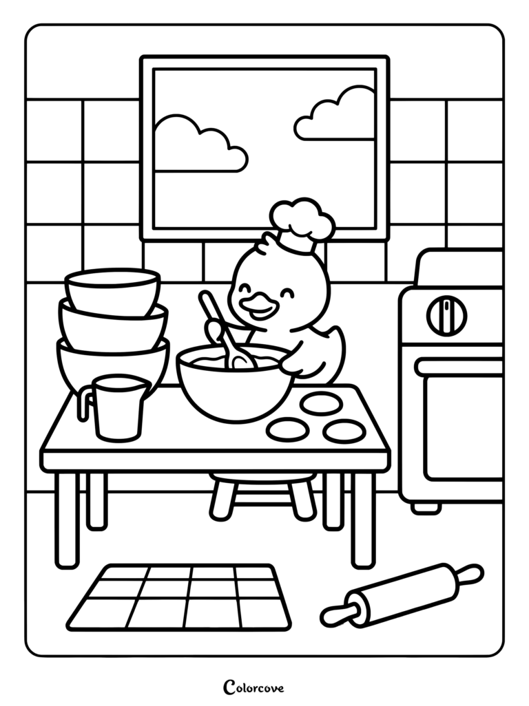 Little duck duck wearing a chef hat mixing batter in a bowl coloring page
