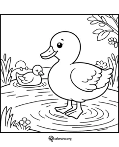 Coloring page of a happy duck and duckling swimming in a pond surrounded by plants and flowers.