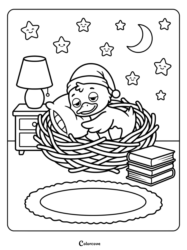 Sleepy duck wearing a nightcap resting in a nest with pillows, surrounded by twinkling stars and a crescent moon in a cozy bedroom coloring page