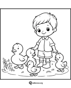 Child with ducklings coloring page - free printable coloring sheet for kids.