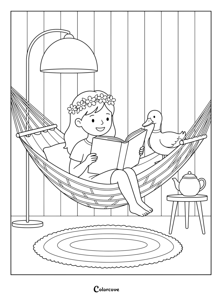 Printable duck coloring page featuring a young girl reading a book in a hammock next to a friendly duck.