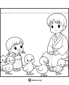 Children in traditional outfits with ducklings, coloring page for kids from colorcove.org.