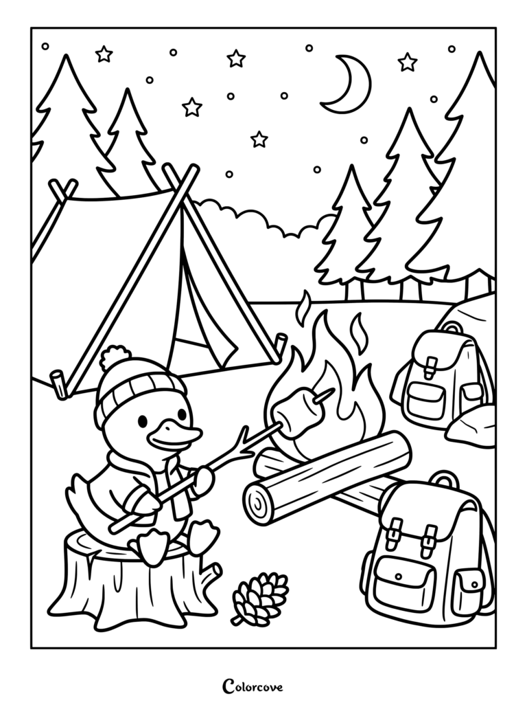 Duck roasting marshmallow by campfire coloring page
