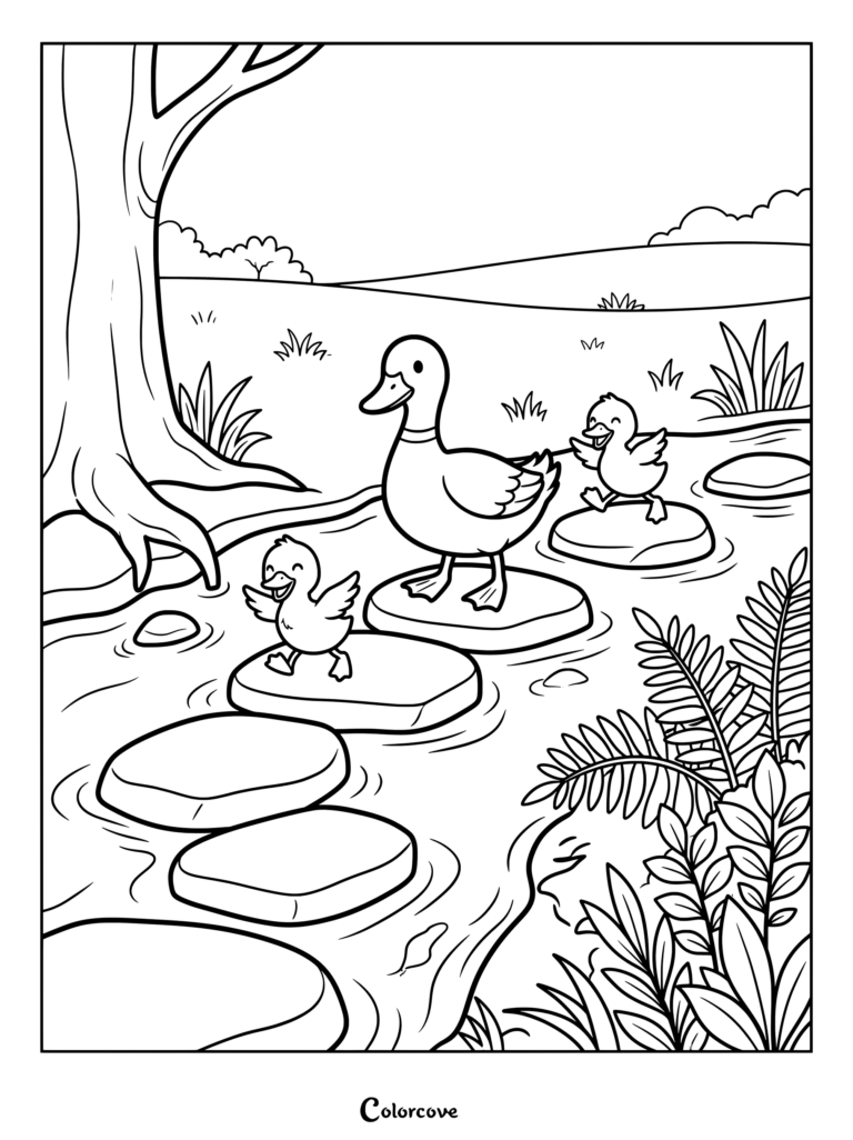 Mother duck and two ducklings crossing a stream on stepping stones coloring page