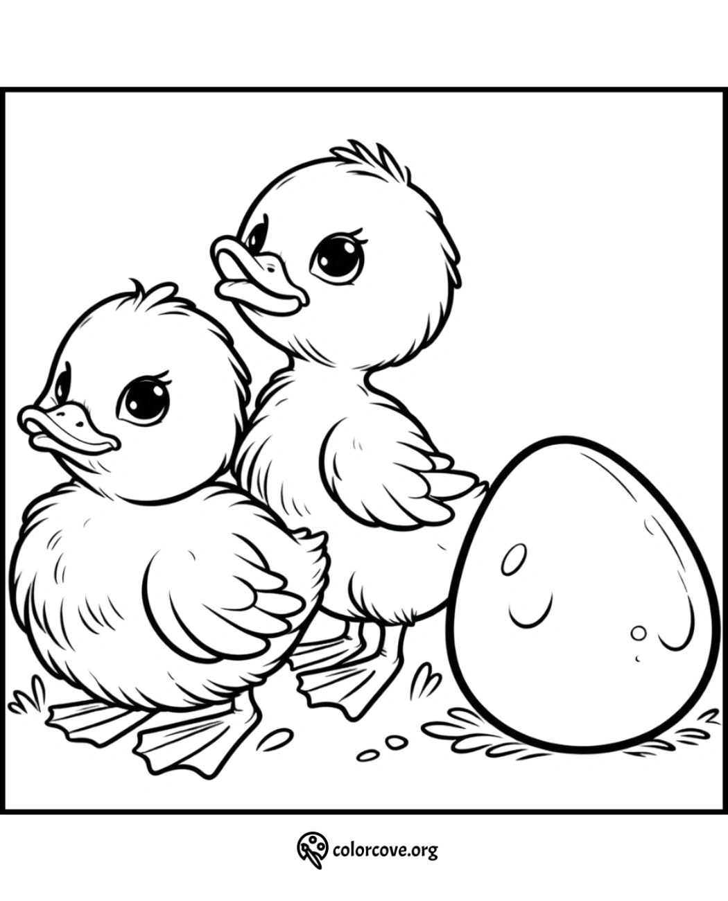 a black and white drawing of two ducks next to an egg